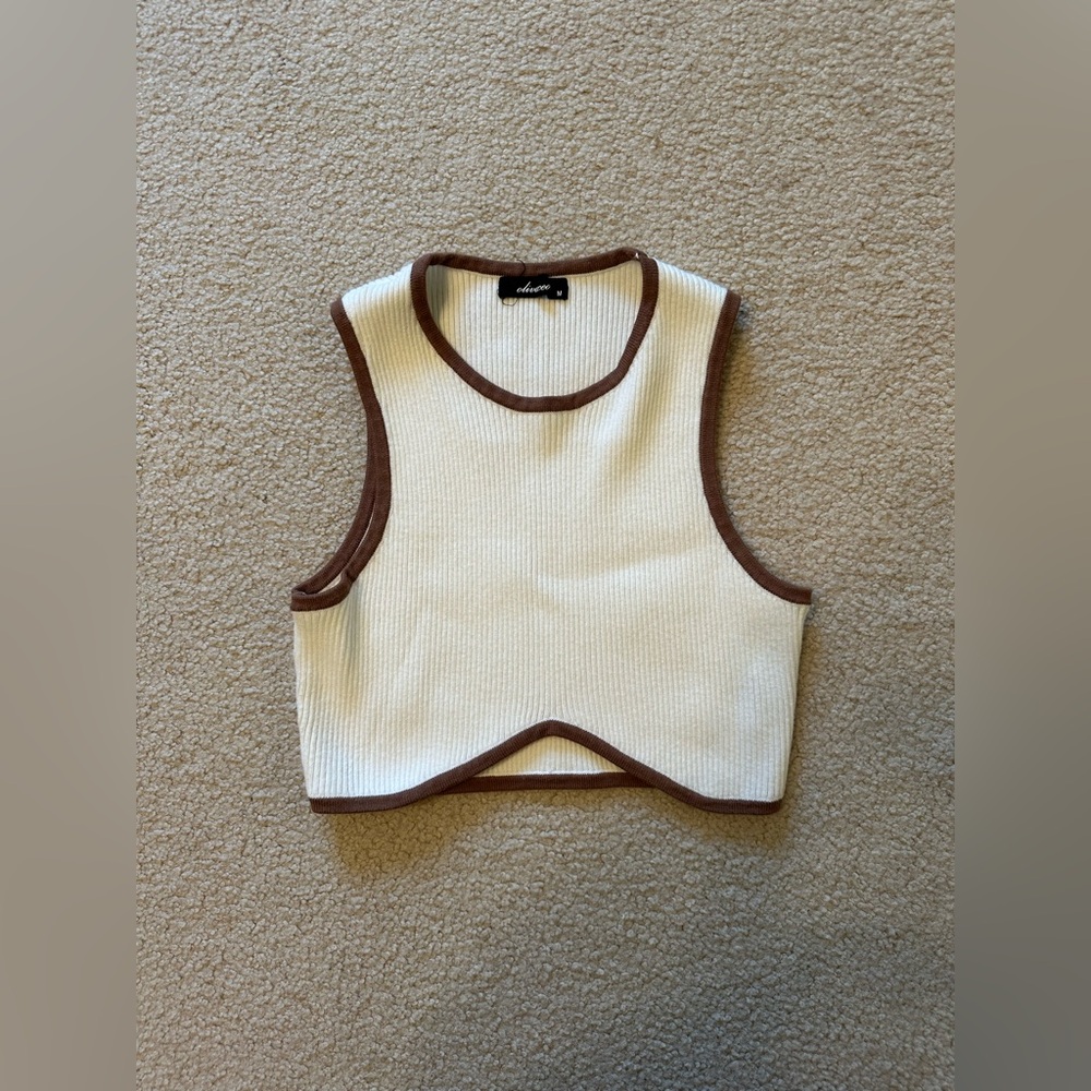 White and Brown Ribbed Crop Top